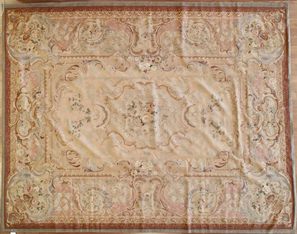 05931 Aubusson Design Needlepoint Beige Pink Blue 8×10 | Manoukian Rugs™