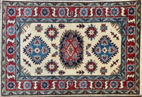 06504 Kazak Afghan Beige Red Blue 3-9x4-11 | Manoukian Rugs™ ws